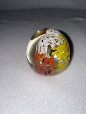 Vintage Paperweight Art BlownGlass Round Ball Colored Confetti Floral Orb Decor